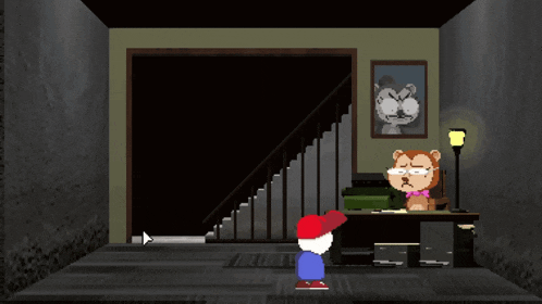 a video game shows a teddy bear sitting at a desk with the words you concern me above him