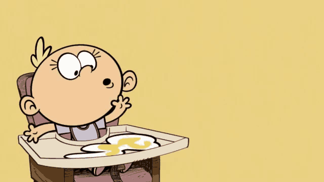 a cartoon baby is sitting in a high chair with a tray of food on it