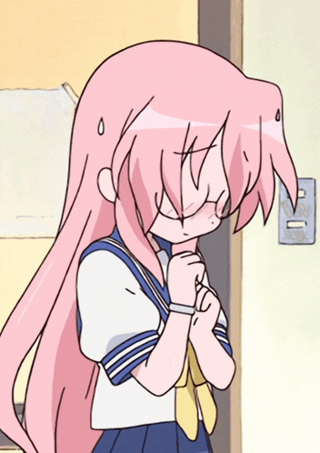 a girl with long pink hair is standing in front of a door with her eyes closed
