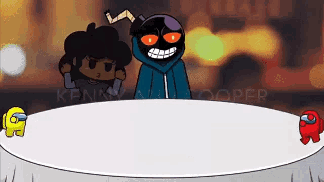 a cartoon character is sitting at a table with a bomb on his head .