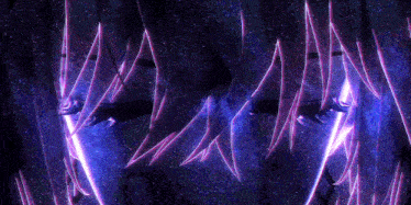 a close up of a person 's face with purple hair and glowing eyes
