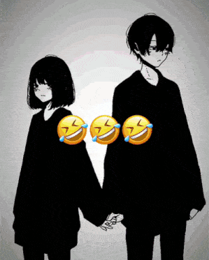 a boy and a girl holding hands with three laughing faces on their shirts