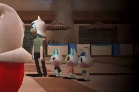 three cartoon characters are standing on a sidewalk in front of a restaurant