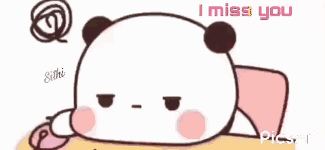 a cartoon of a panda bear laying down with the words i miss you written on the bottom