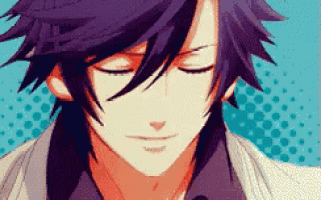 a close up of a boy with purple hair