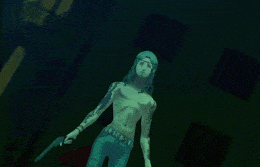 a shirtless man with a tattoo on his arm is standing in a dark room