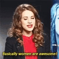a woman in a red shirt and black jacket is saying `` basically women are awesome '' .