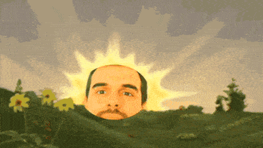 a man with a sun on his head is standing in a field of flowers