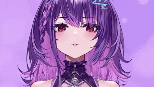 a close up of a purple haired anime girl