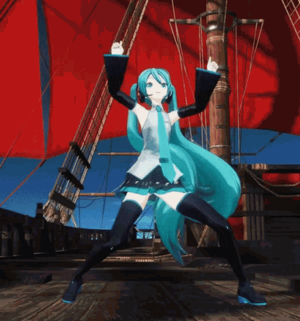 hatsune miku is standing in front of a red sail