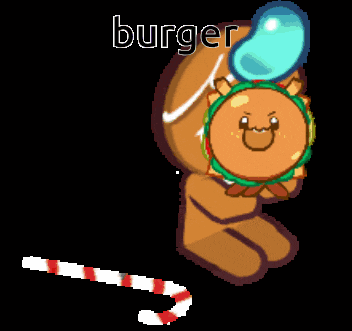 a gingerbread cookie holding a hamburger next to a candy cane that says burger