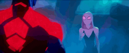 a woman in a black dress stands in front of a red and blue background