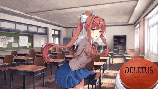 a girl is standing in a classroom next to a red button that says delete