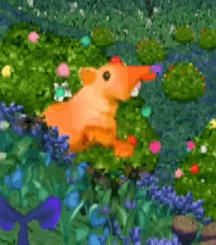 a cartoon duck is sitting in a garden surrounded by flowers and trees .