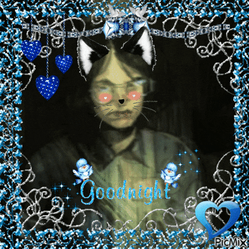 a picture of a man with cat ears and the words goodnight written on it