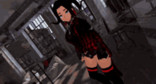 a woman in a red dress is dancing in a room with the word jojo on the bottom of the image .