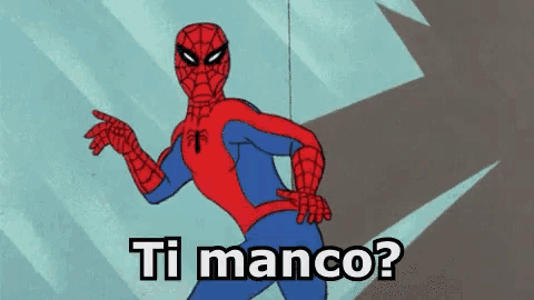 a cartoon of spider-man pointing at something with the words ti manco written below him .