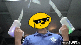 a man in a blue shirt has a dog face on his face and is holding a pair of knives