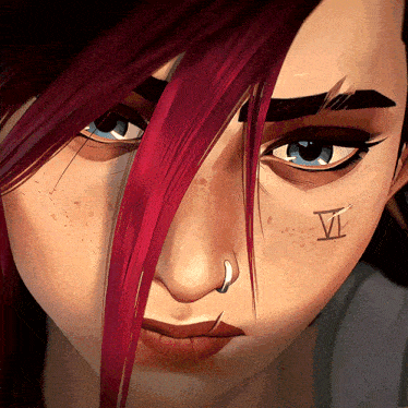a close up of a woman 's face with a tattoo of the letter vi on her face