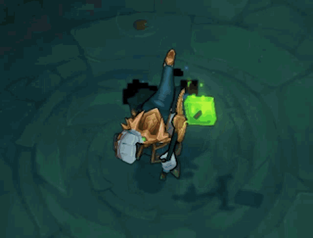 a cartoon character has a green cube on his head