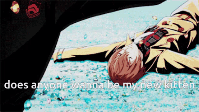 a man laying on the ground with the words does anyone wanna be my new kitte