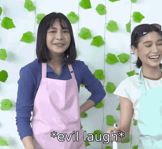a woman in a pink apron says evil laugh *