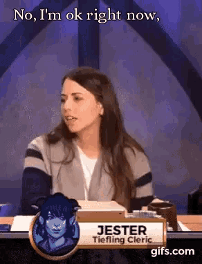 a woman is sitting at a table in front of a sign that says jester tiefling cleric .
