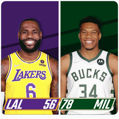 two basketball players one from the lakers and one from the bucks are next to each other