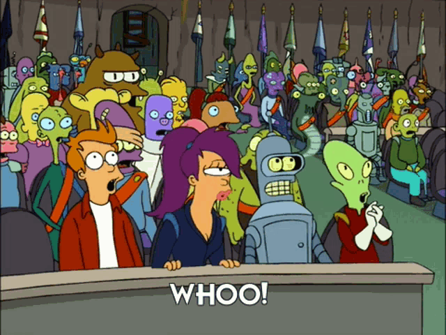 a group of cartoon characters are sitting in a room with the words whoo on the bottom right