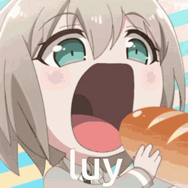 a girl with her mouth open is holding a loaf of bread and the word luy is above her