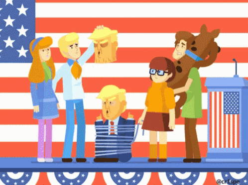 scooby doo and his friends are standing in front of a flag