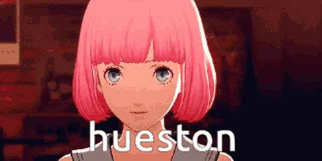a girl with pink hair has the name hueston written on her face