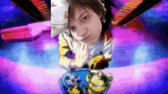a pixelated image of a person with a cup of coffee