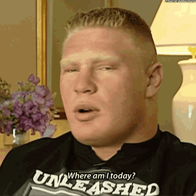 a man wearing a shirt that says unleashed is asking where he is today