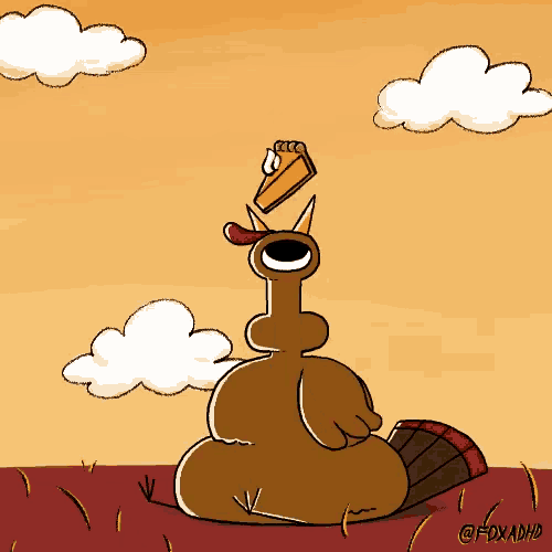 a cartoon of a turkey with a piece of pie on top of its head