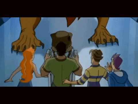 a group of cartoon characters are looking at a t-rex