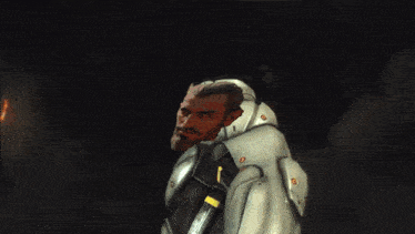a man with a beard and a white coat is holding a torch