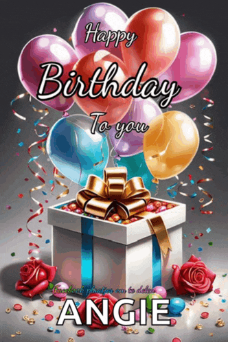 a birthday card for angie with balloons in the background