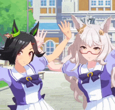 a couple of anime characters standing next to each other with one wearing glasses