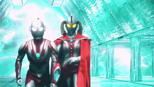 a man and a woman in superhero costumes are walking in a hallway