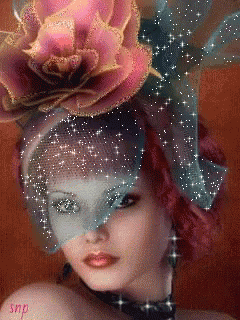 a woman wearing a veil and a hat with a pink rose on it