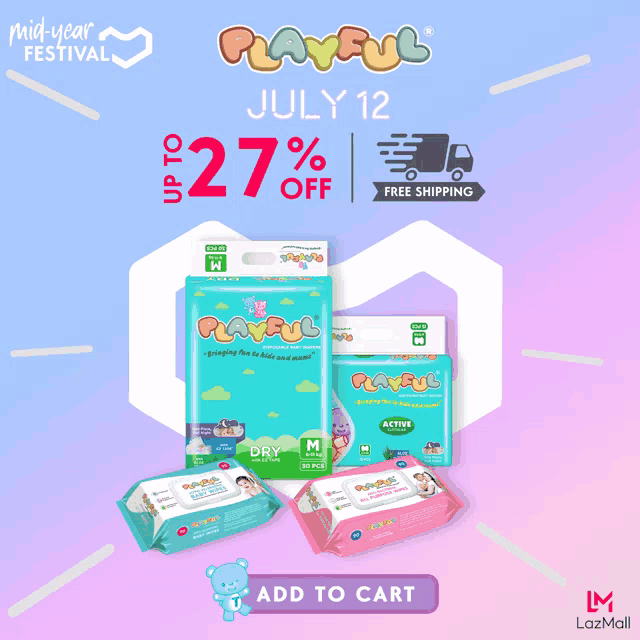 an advertisement for playful diapers and wipes shows a purple background
