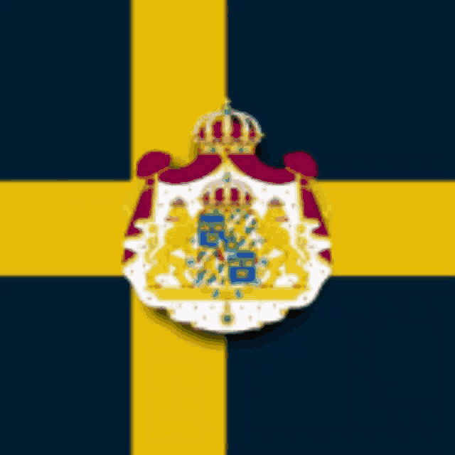a blue and yellow flag with a coat of arms in the middle