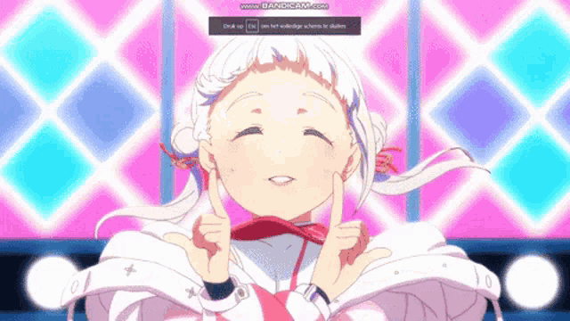 a girl with white hair is smiling in front of a screen that says www.bandicam.com at the top