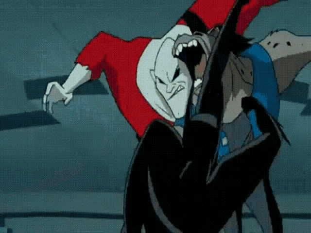 a cartoon of batman and harley quinn fighting