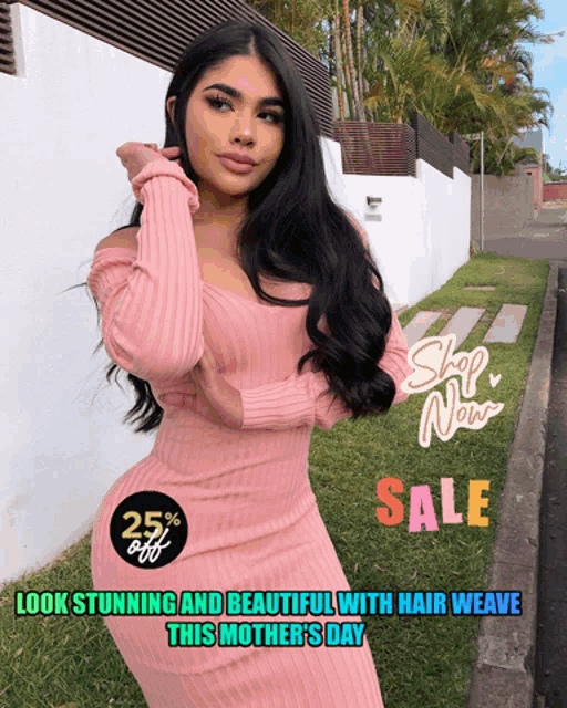 a woman in a pink dress stands in front of a sign that says 25% off
