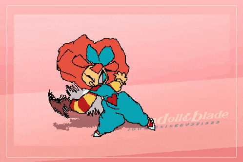 a drawing of a cartoon character with the words denim doll & blade written below it