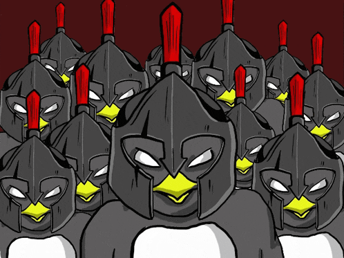 a group of penguins wearing black helmets with red feathers