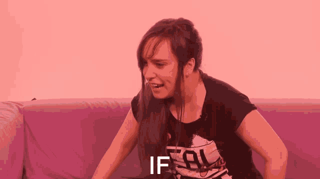 a woman is sitting on a purple couch with the words if written on the bottom