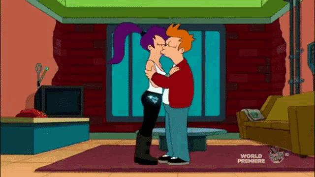 a cartoon of a man and a woman kissing with the words world premiere in the corner